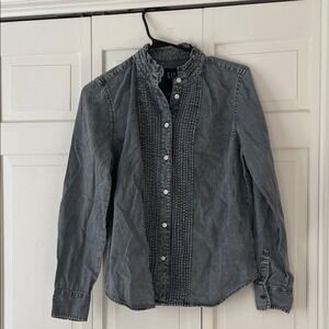 Gap Shirt Denim Ruffle Collar Rhinestone Button Small Gray Blouse